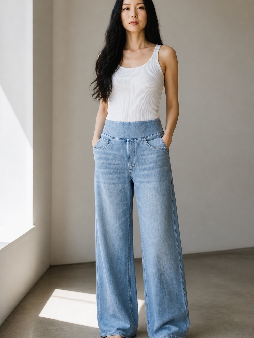 Halara Wide Leg Pull On Denim Jeans Light Wash High Rise Stretch XS Petite NWT